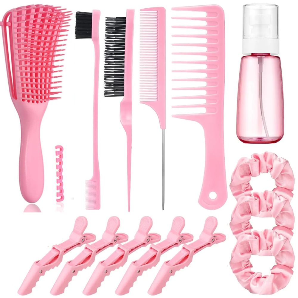 Brush Bristle Set - 2025年新発売 14点セット スリックバックヘアブラシセット、スプレーボトル付き毛ブラシ、ヘアクリップ、女性用エッジブラシ（ピンク）