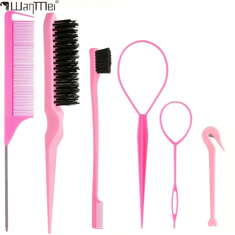 Brush Bristle Set - 6点セットプロ用ヘアスタイリングツール - ラットテールコーム、ブリストルブラシ、エッジブラシ、トプシーテールヘアツール＆ブレイドフックキット