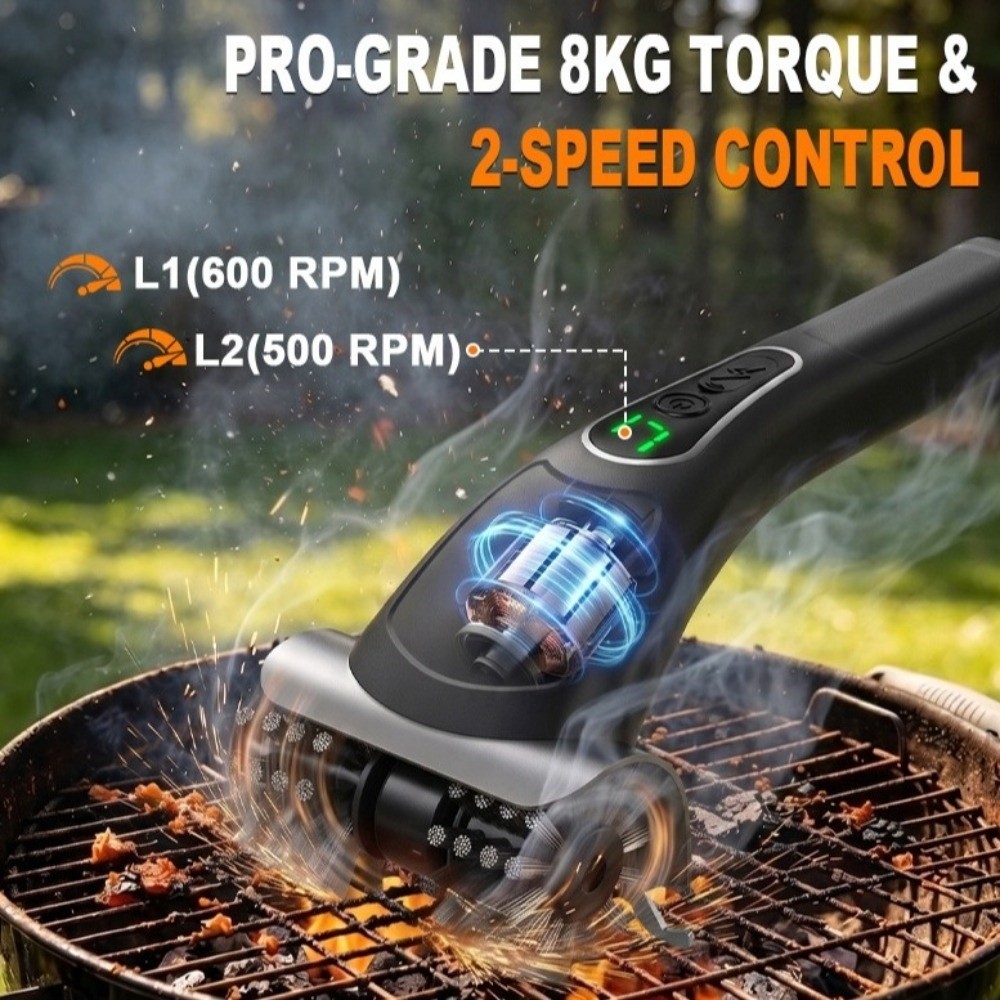 Brush Bristle Set - 2段階速度設定 電動グリルブラシ 充電式 取り外し可能なヘッドローラー BBQグリルブラシ ロングハンドル